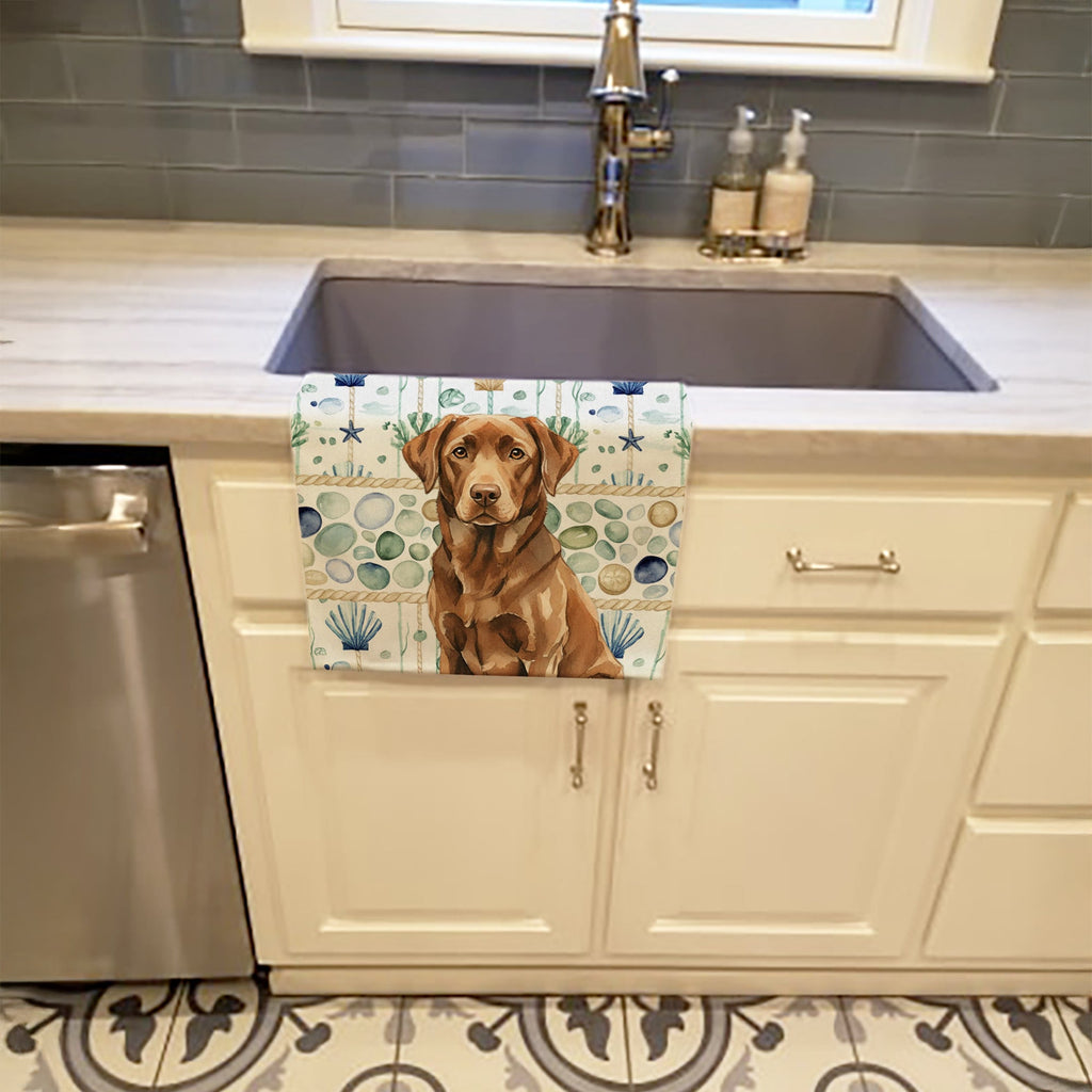 Chocolate Labrador Retriever Coastal Sea Glass Kitchen Towel Velour Plush Front and Cotton Loop Back Machine Washable