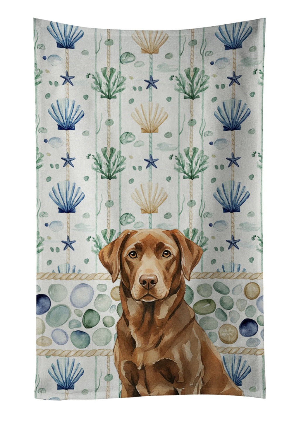 Chocolate Labrador Retriever Coastal Sea Glass Kitchen Towel Velour Plush Front and Cotton Loop Back Machine Washable