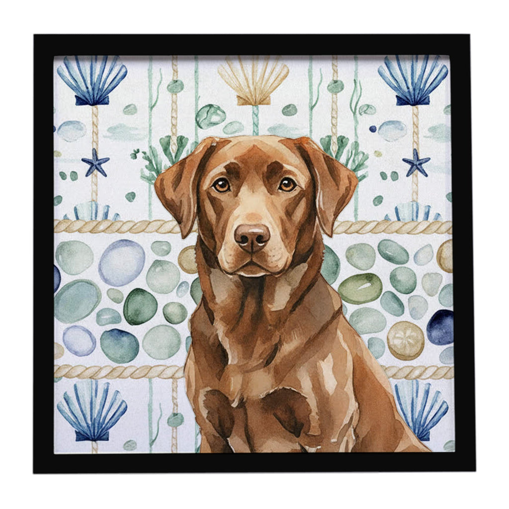 Chocolate Labrador Retriever Coastal Sea Glass Framed Metal Print Bathroom, Kitchen, Office, Home Decor Wall Art Ready to Hang, Square, 8X8