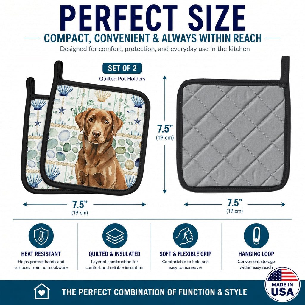 Chocolate Labrador Retriever Coastal Sea Glass Pot Holder Set of 2 Heat Resistant Quilted Hot Pads 7.5 x 7.5 Inch, Insulated Kitchen Trivets for Cooking & Baking