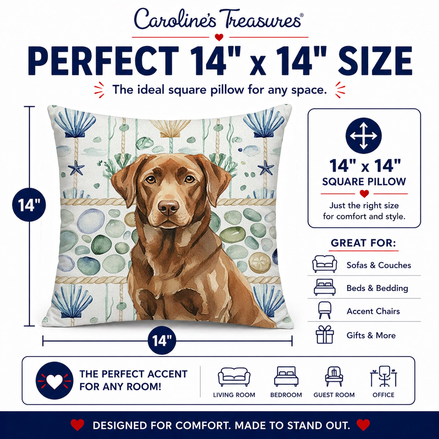 Chocolate Labrador Retriever Coastal Sea Glass Decorative Throw Pillow 14x14 Indoor Outdoor Accent Cushion, Fabric Cover with Insert for Sofa, Bed, Porch & Living Room