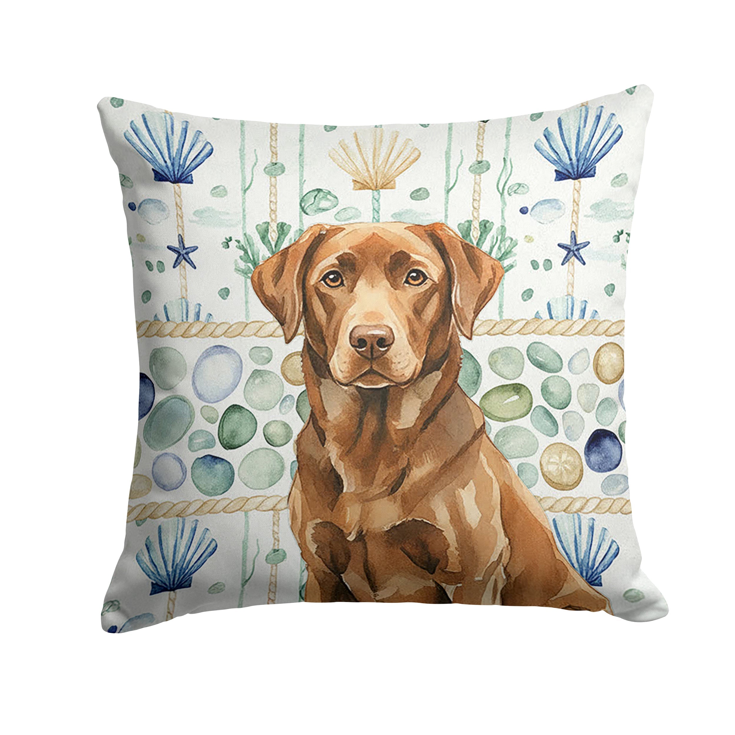 Chocolate Labrador Retriever Coastal Sea Glass Decorative Throw Pillow 18x18 Indoor Outdoor Accent Cushion, Fabric Cover with Insert for Sofa, Bed, Porch & Living Room