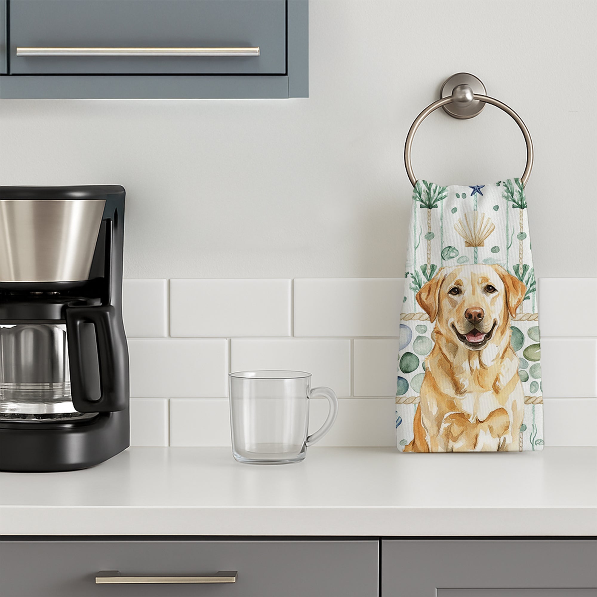 Yellow Labrador Retriever Coastal Sea Glass Kitchen Towel Velour Plush Front and Cotton Loop Back Machine Washable