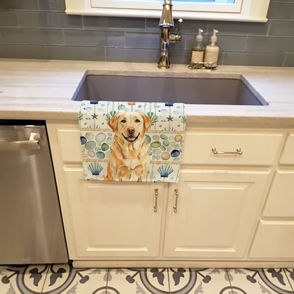 Yellow Labrador Retriever Coastal Sea Glass Kitchen Towel Velour Plush Front and Cotton Loop Back Machine Washable