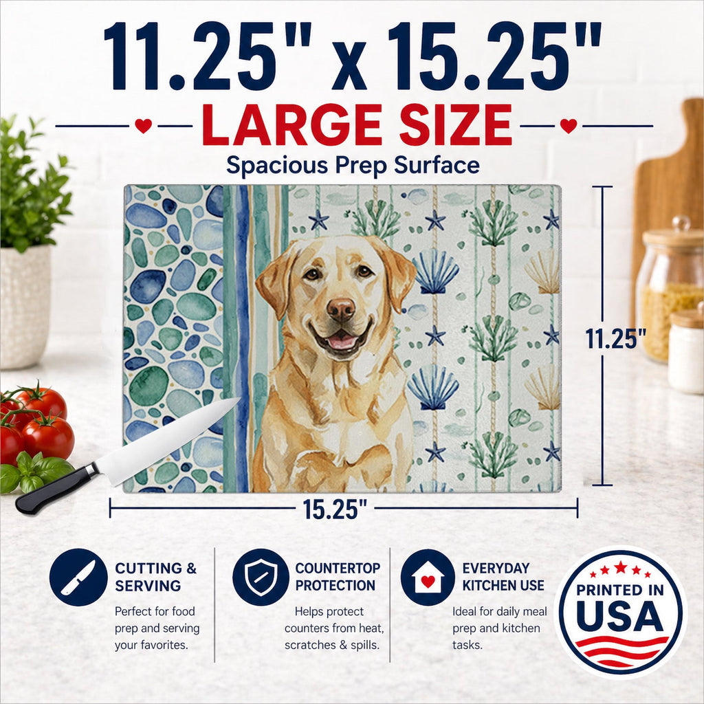 Yellow Labrador Retriever Coastal Sea Glass Cutting Board Tempered Glass Kitchen Cutting Surface, Heat Resistant Chopping, Non-Slip Feet, Food Prep & Serving
