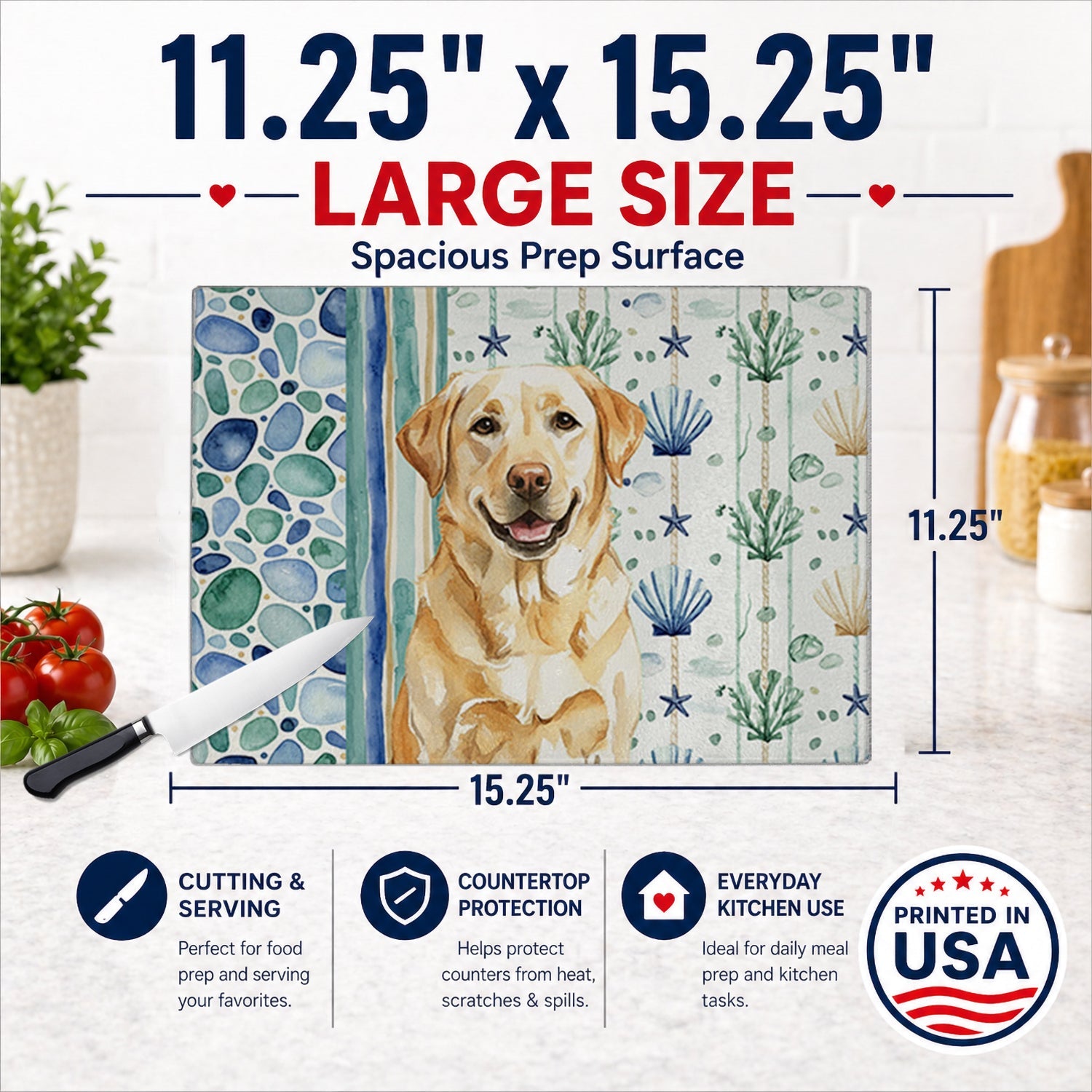 Yellow Labrador Retriever Coastal Sea Glass Cutting Board Tempered Glass Kitchen Cutting Surface, Heat Resistant Chopping, Non-Slip Feet, Food Prep & Serving