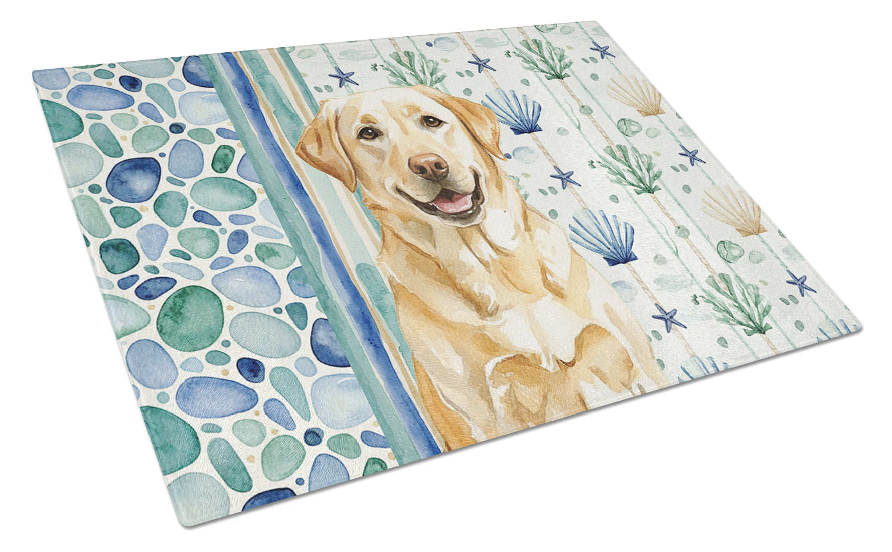 Yellow Labrador Retriever Coastal Sea Glass Cutting Board Tempered Glass Kitchen Cutting Surface, Heat Resistant Chopping, Non-Slip Feet, Food Prep & Serving