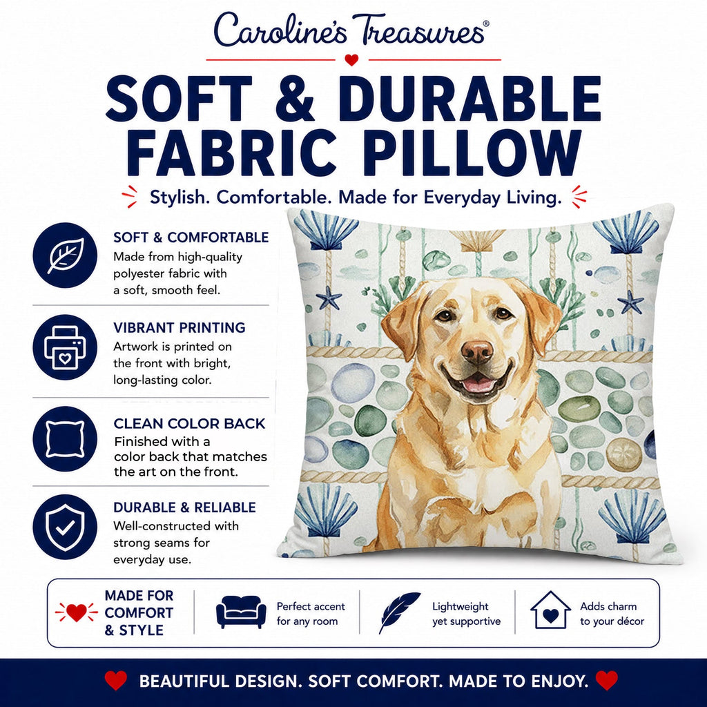Yellow Labrador Retriever Coastal Sea Glass Decorative Throw Pillow 14x14 Indoor Outdoor Accent Cushion, Fabric Cover with Insert for Sofa, Bed, Porch & Living Room