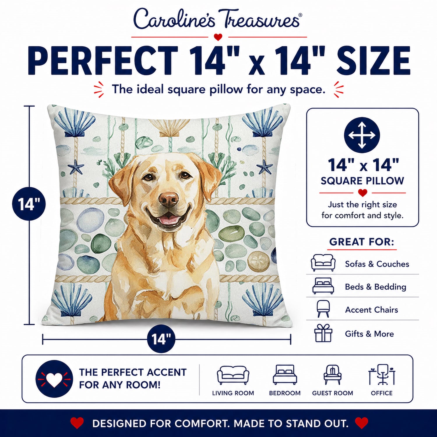 Yellow Labrador Retriever Coastal Sea Glass Decorative Throw Pillow 14x14 Indoor Outdoor Accent Cushion, Fabric Cover with Insert for Sofa, Bed, Porch & Living Room