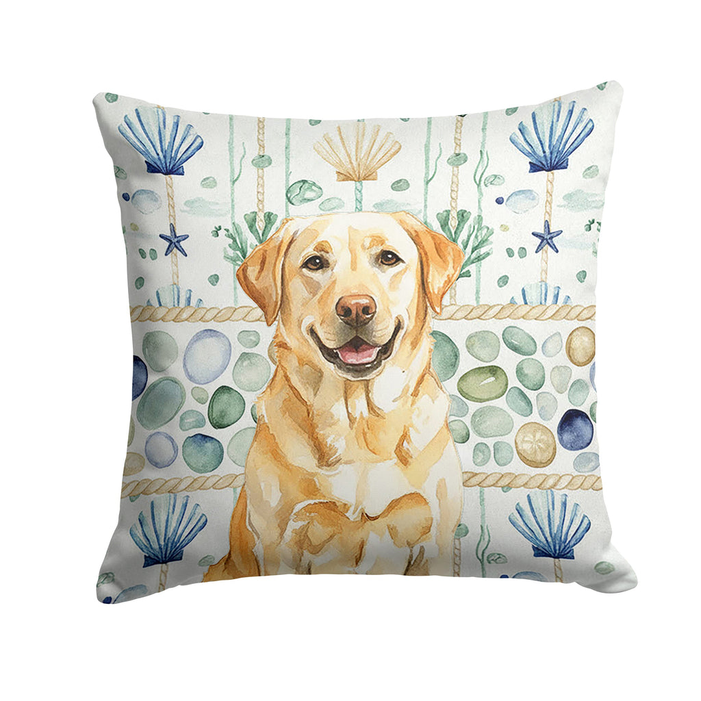 Yellow Labrador Retriever Coastal Sea Glass Decorative Throw Pillow 14x14 Indoor Outdoor Accent Cushion, Fabric Cover with Insert for Sofa, Bed, Porch & Living Room