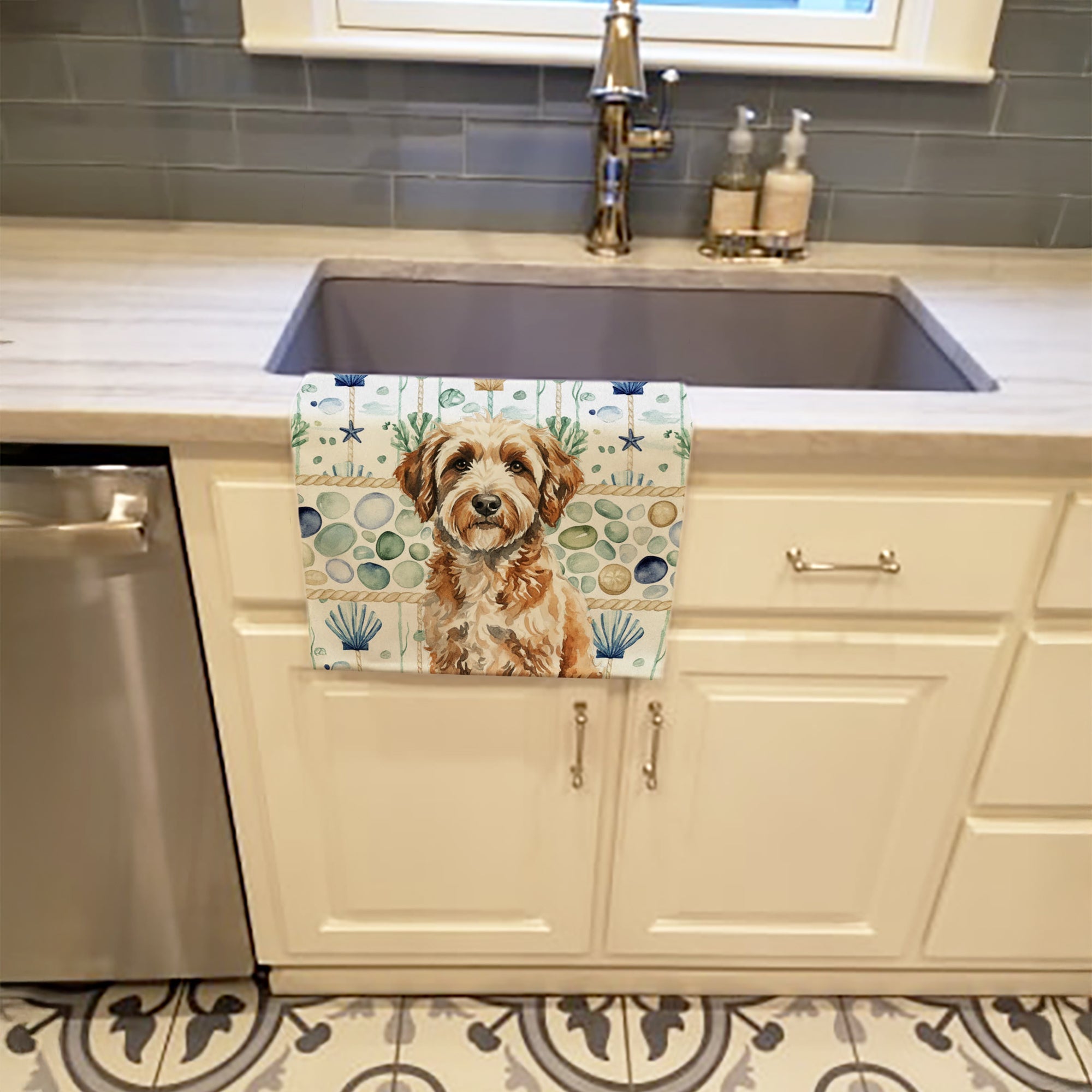 Lagotto Romagnolo Coastal Sea Glass Kitchen Towel Velour Plush Front and Cotton Loop Back Machine Washable