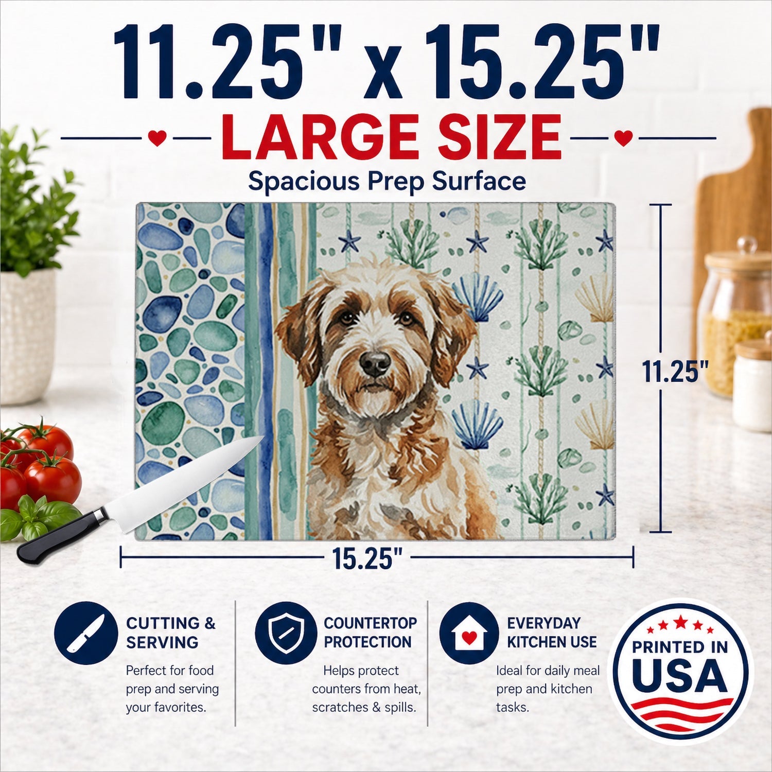 Lagotto Romagnolo Coastal Sea Glass Cutting Board Tempered Glass Kitchen Cutting Surface, Heat Resistant Chopping, Non-Slip Feet, Food Prep & Serving