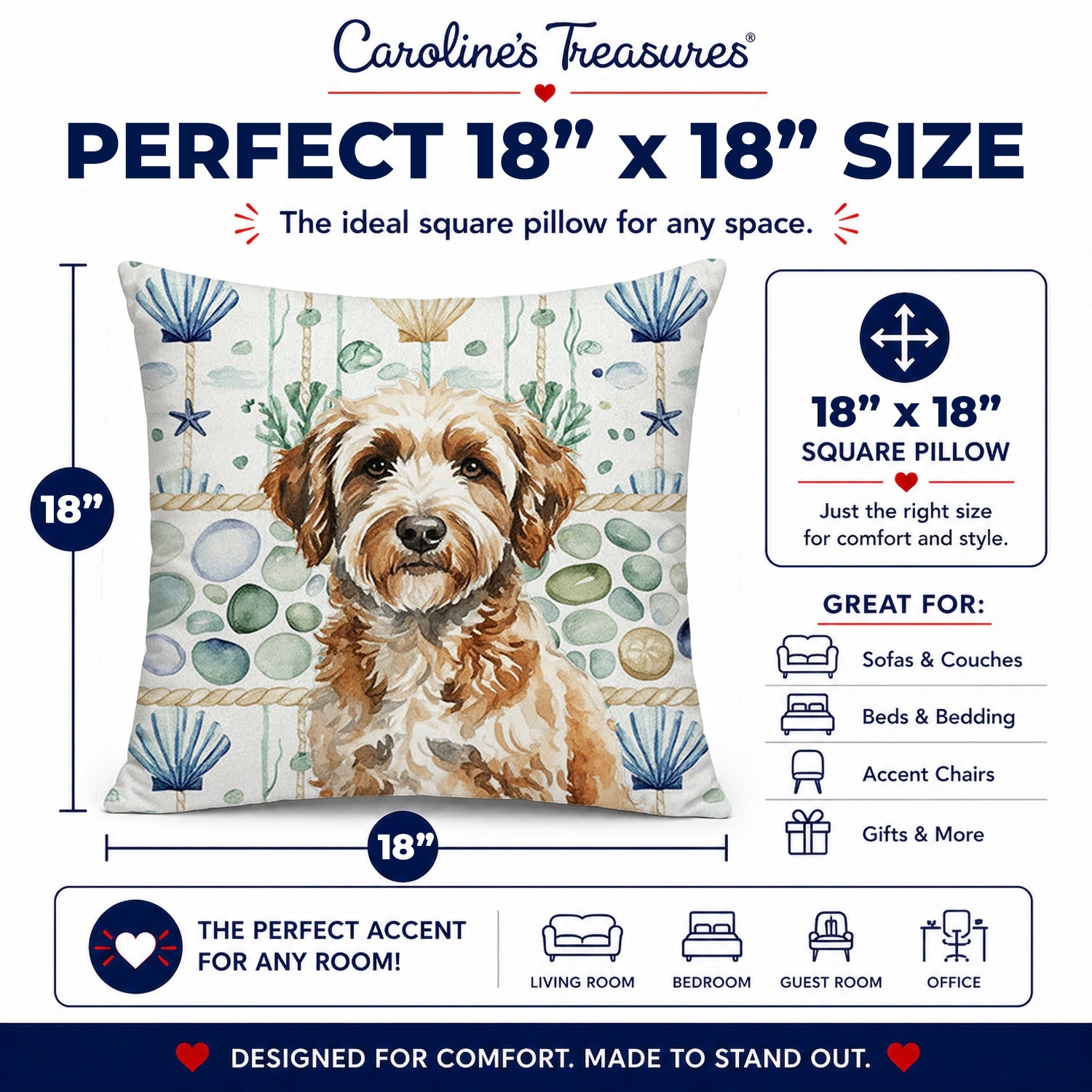 Lagotto Romagnolo Coastal Sea Glass Decorative Throw Pillow 18x18 Indoor Outdoor Accent Cushion, Fabric Cover with Insert for Sofa, Bed, Porch & Living Room