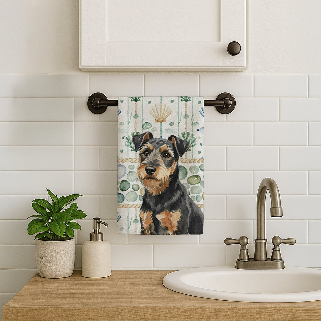 Black and Tan Lakeland Terrier Coastal Sea Glass Kitchen Towel Velour Plush Front and Cotton Loop Back Machine Washable