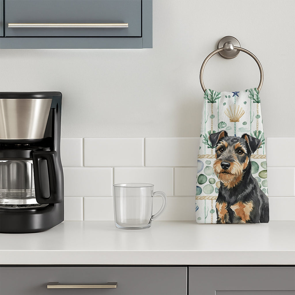 Black and Tan Lakeland Terrier Coastal Sea Glass Kitchen Towel Velour Plush Front and Cotton Loop Back Machine Washable