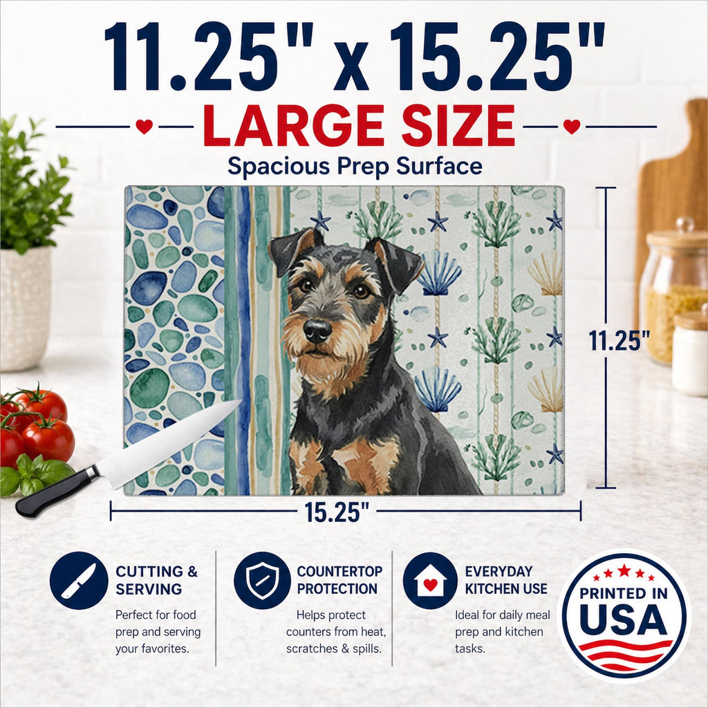 Black and Tan Lakeland Terrier Coastal Sea Glass Cutting Board Tempered Glass Kitchen Cutting Surface, Heat Resistant Chopping, Non-Slip Feet, Food Prep & Serving
