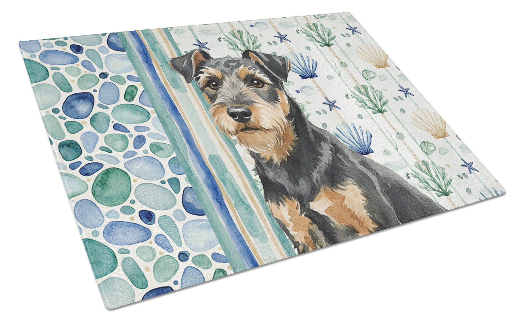 Black and Tan Lakeland Terrier Coastal Sea Glass Cutting Board Tempered Glass Kitchen Cutting Surface, Heat Resistant Chopping, Non-Slip Feet, Food Prep & Serving