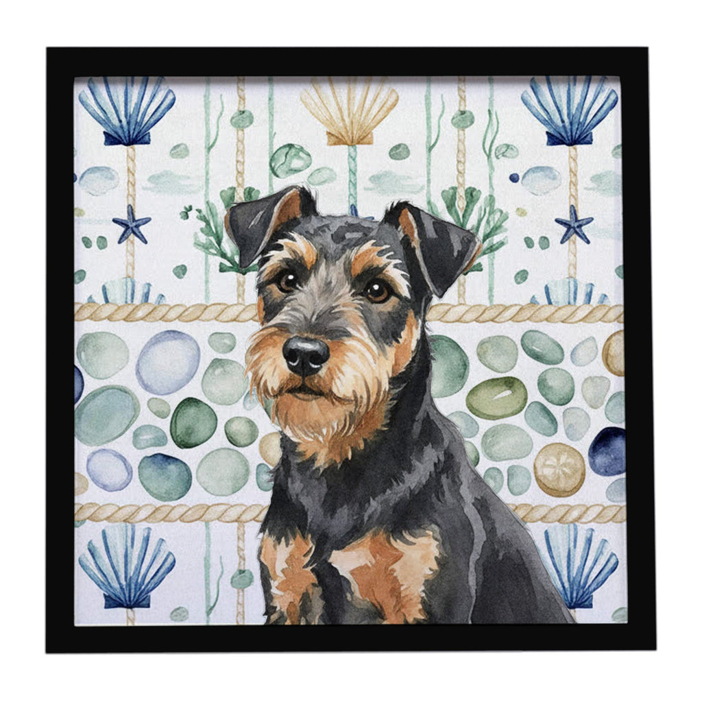 Black and Tan Lakeland Terrier Coastal Sea Glass Framed Metal Print Bathroom, Kitchen, Office, Home Decor Wall Art Ready to Hang, Square, 8X8