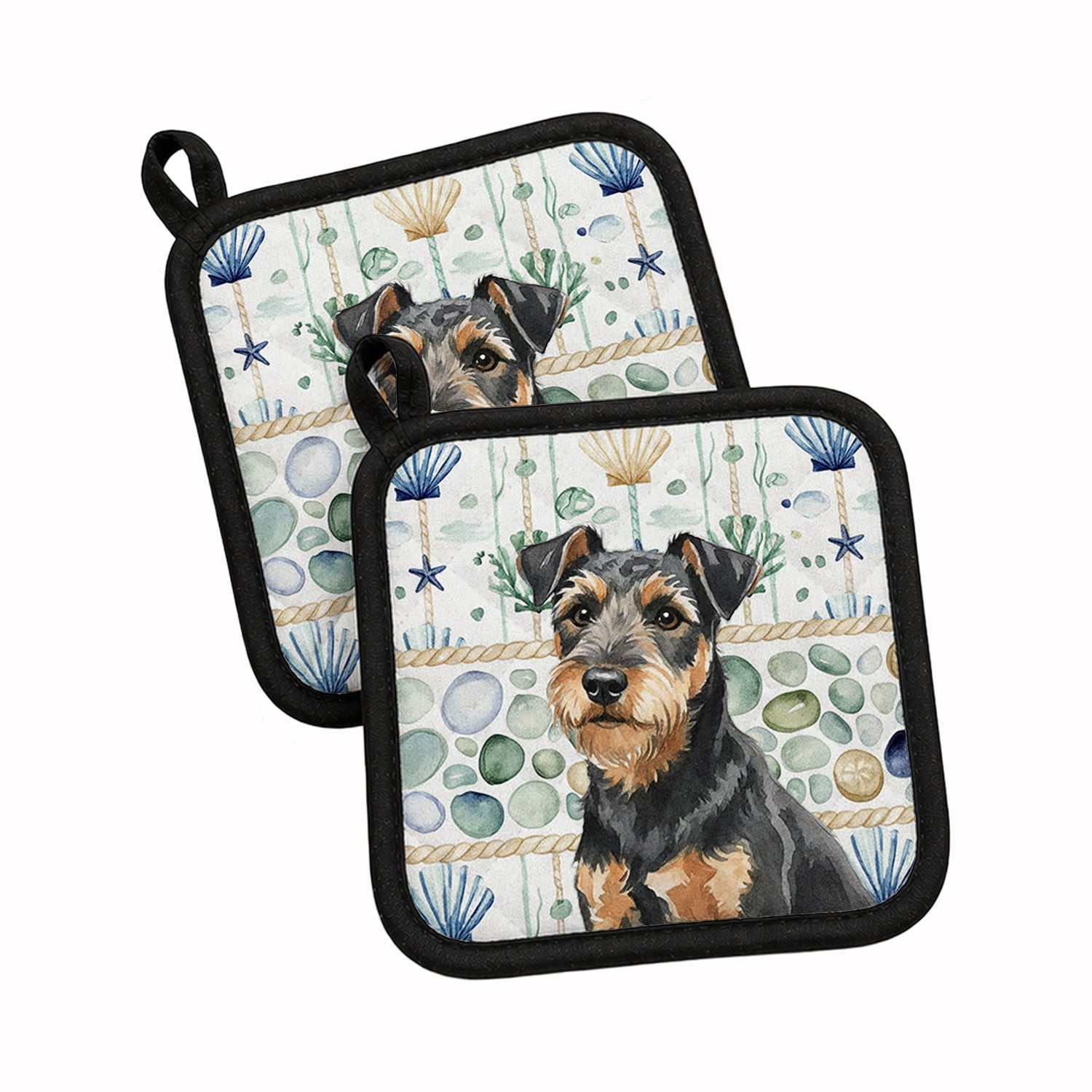 Black and Tan Lakeland Terrier Coastal Sea Glass Pot Holder Set of 2 Heat Resistant Quilted Hot Pads 7.5 x 7.5 Inch, Insulated Kitchen Trivets for Cooking & Baking