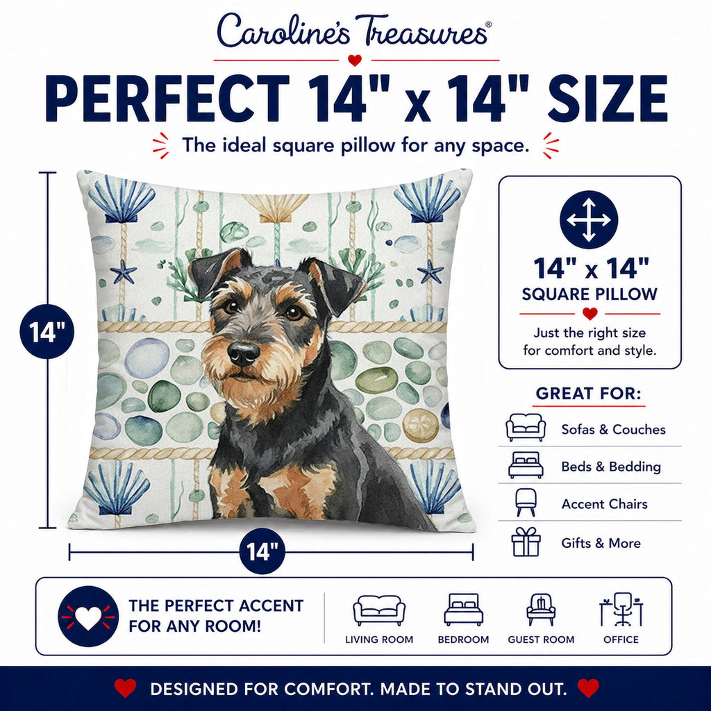 Black and Tan Lakeland Terrier Coastal Sea Glass Decorative Throw Pillow 14x14 Indoor Outdoor Accent Cushion, Fabric Cover with Insert for Sofa, Bed, Porch & Living Room