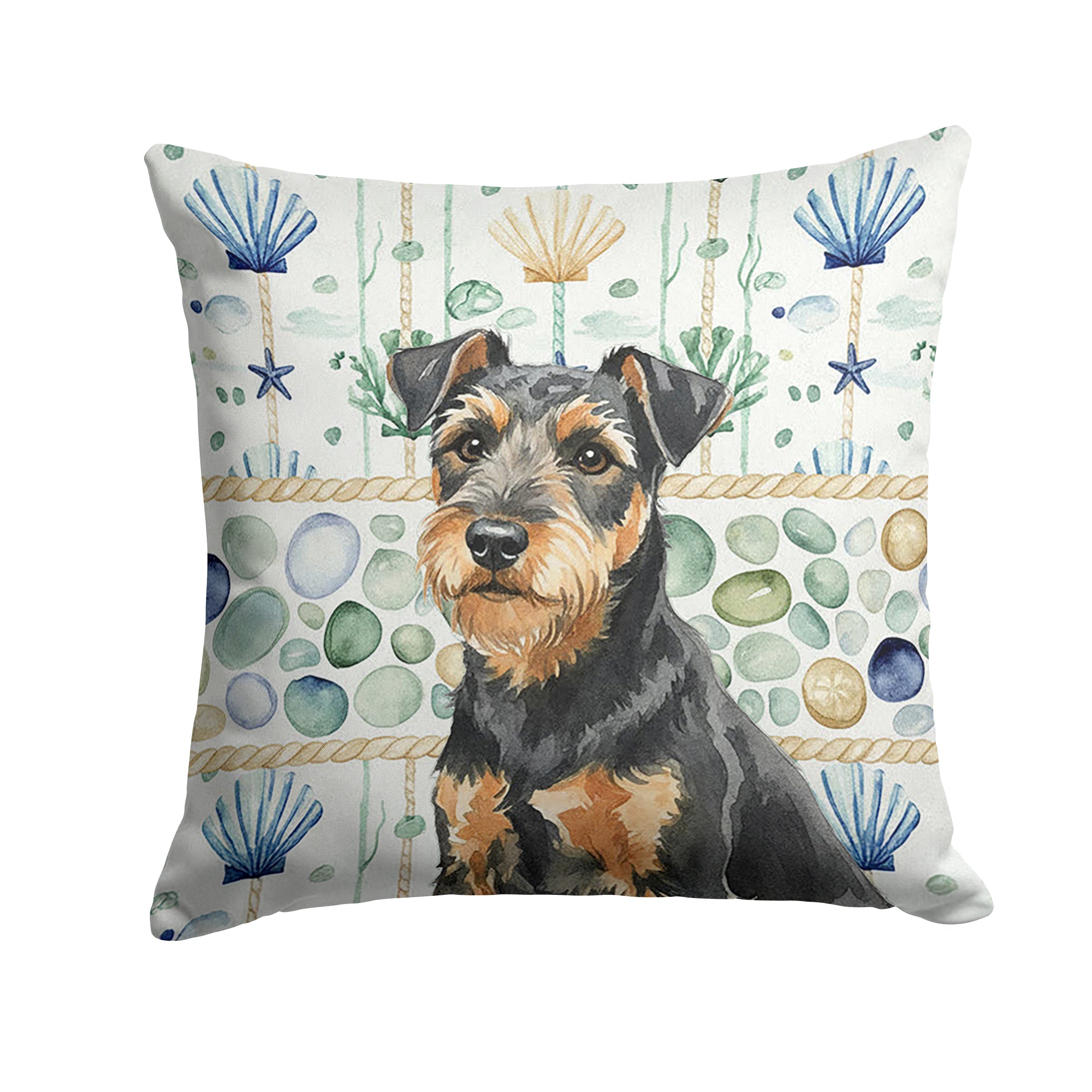 Black and Tan Lakeland Terrier Coastal Sea Glass Decorative Throw Pillow 14x14 Indoor Outdoor Accent Cushion, Fabric Cover with Insert for Sofa, Bed, Porch & Living Room