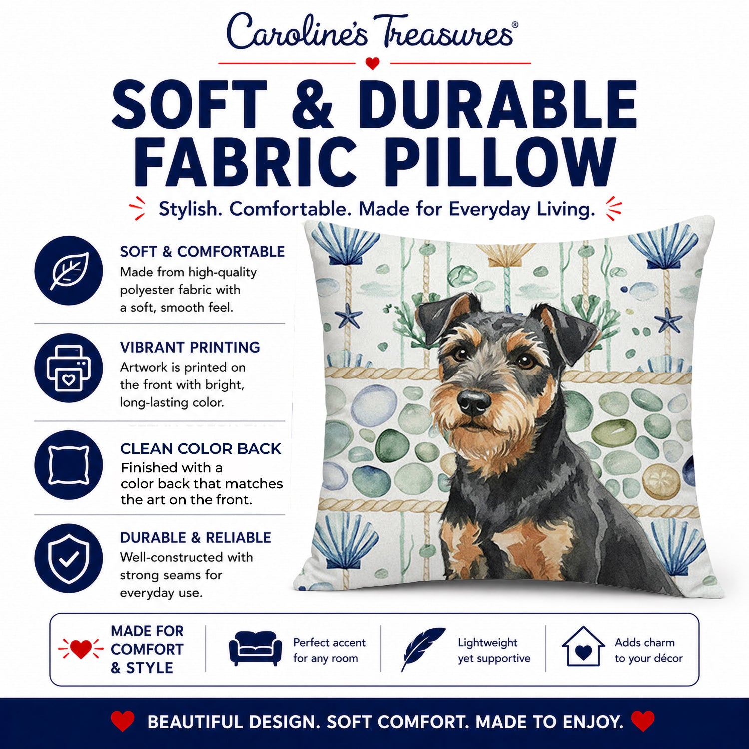 Black and Tan Lakeland Terrier Coastal Sea Glass Decorative Throw Pillow 18x18 Indoor Outdoor Accent Cushion, Fabric Cover with Insert for Sofa, Bed, Porch & Living Room