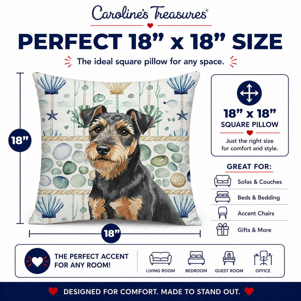 Black and Tan Lakeland Terrier Coastal Sea Glass Decorative Throw Pillow 18x18 Indoor Outdoor Accent Cushion, Fabric Cover with Insert for Sofa, Bed, Porch & Living Room