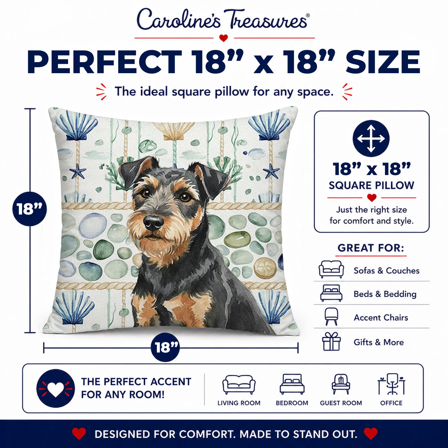 Black and Tan Lakeland Terrier Coastal Sea Glass Decorative Throw Pillow 18x18 Indoor Outdoor Accent Cushion, Fabric Cover with Insert for Sofa, Bed, Porch & Living Room
