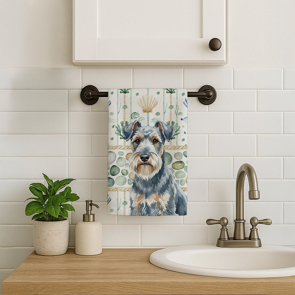 Blue Lakeland Terrier Coastal Sea Glass Kitchen Towel Velour Plush Front and Cotton Loop Back Machine Washable