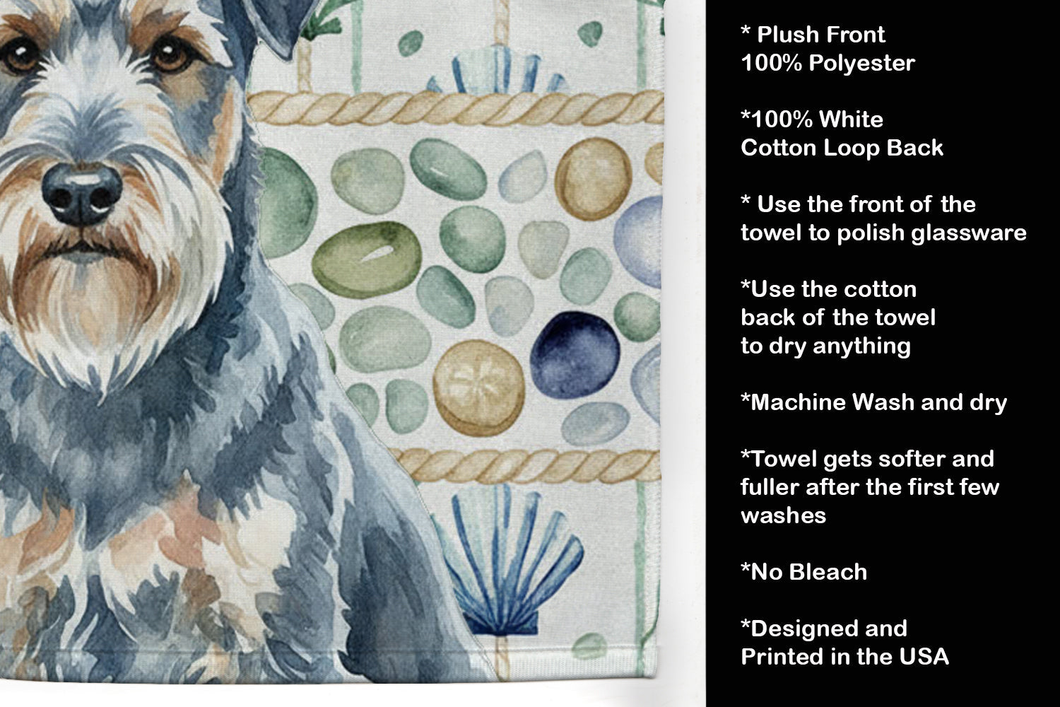 Blue Lakeland Terrier Coastal Sea Glass Kitchen Towel Velour Plush Front and Cotton Loop Back Machine Washable