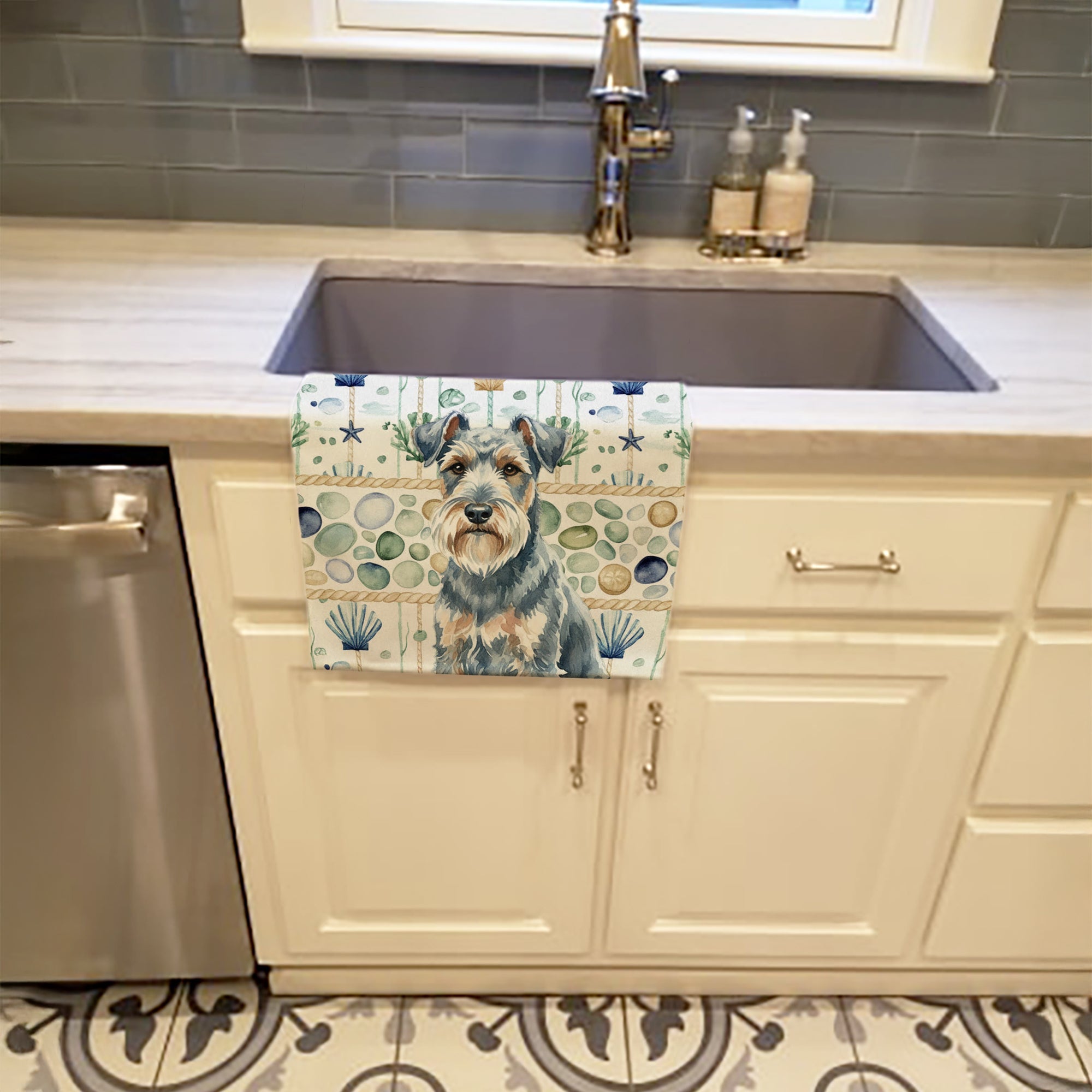 Blue Lakeland Terrier Coastal Sea Glass Kitchen Towel Velour Plush Front and Cotton Loop Back Machine Washable