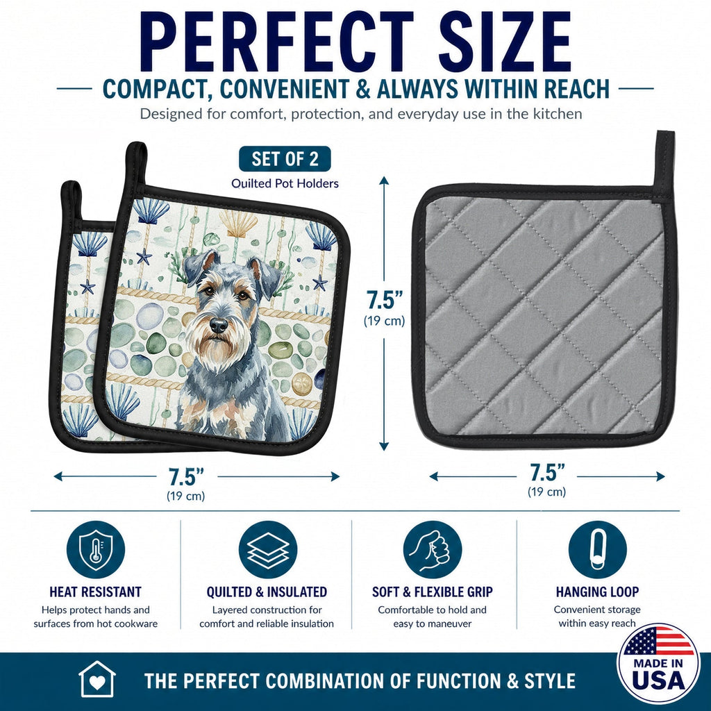 Blue Lakeland Terrier Coastal Sea Glass Pot Holder Set of 2 Heat Resistant Quilted Hot Pads 7.5 x 7.5 Inch, Insulated Kitchen Trivets for Cooking & Baking