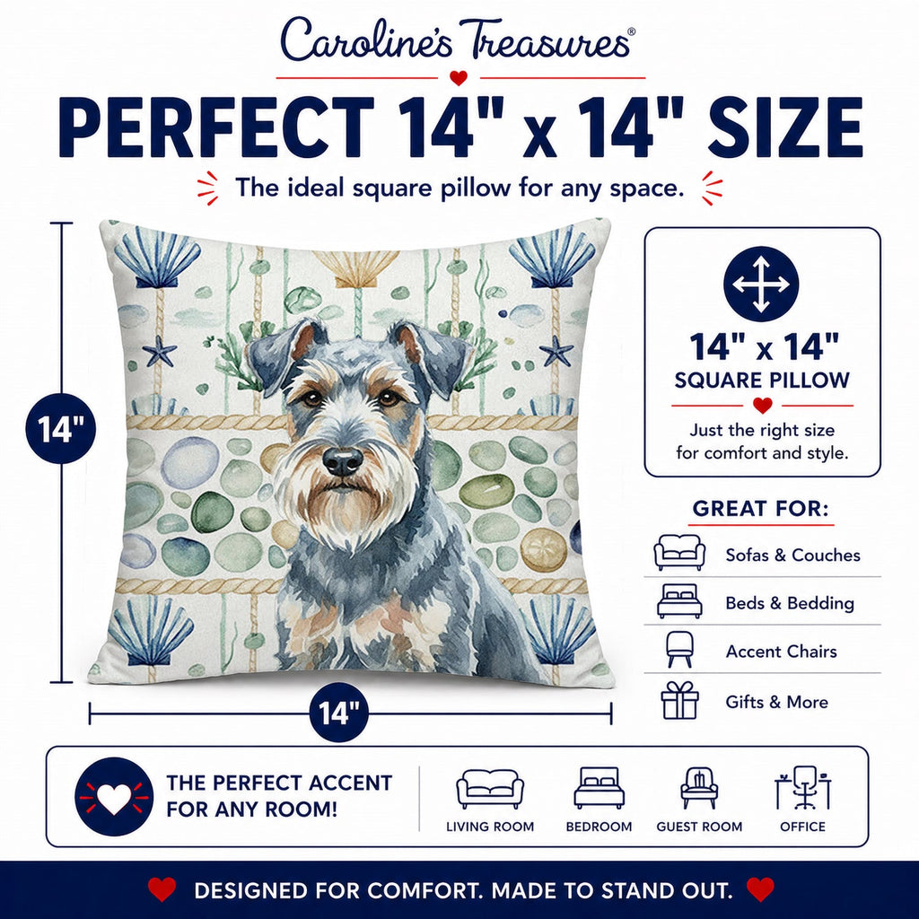 Blue Lakeland Terrier Coastal Sea Glass Decorative Throw Pillow 14x14 Indoor Outdoor Accent Cushion, Fabric Cover with Insert for Sofa, Bed, Porch & Living Room