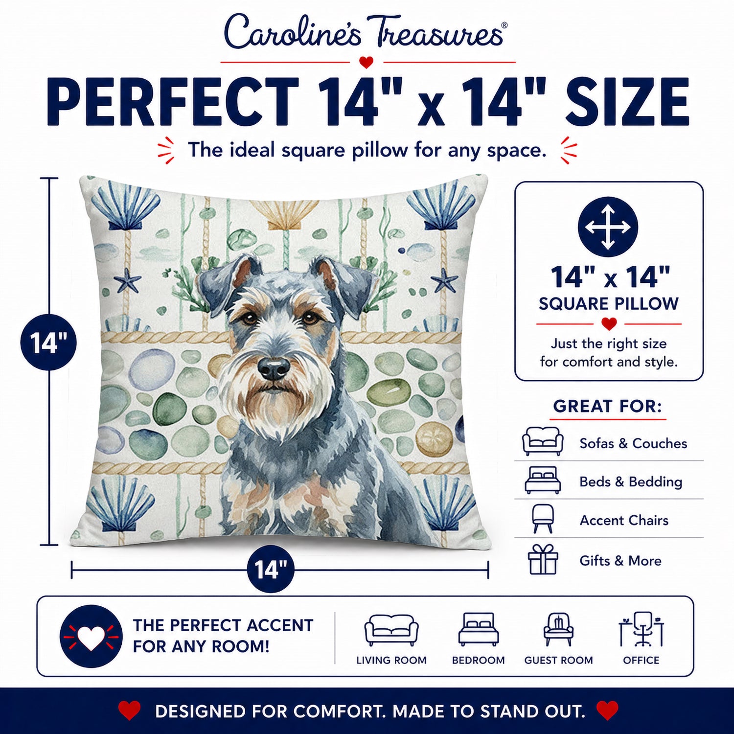 Blue Lakeland Terrier Coastal Sea Glass Decorative Throw Pillow 14x14 Indoor Outdoor Accent Cushion, Fabric Cover with Insert for Sofa, Bed, Porch & Living Room