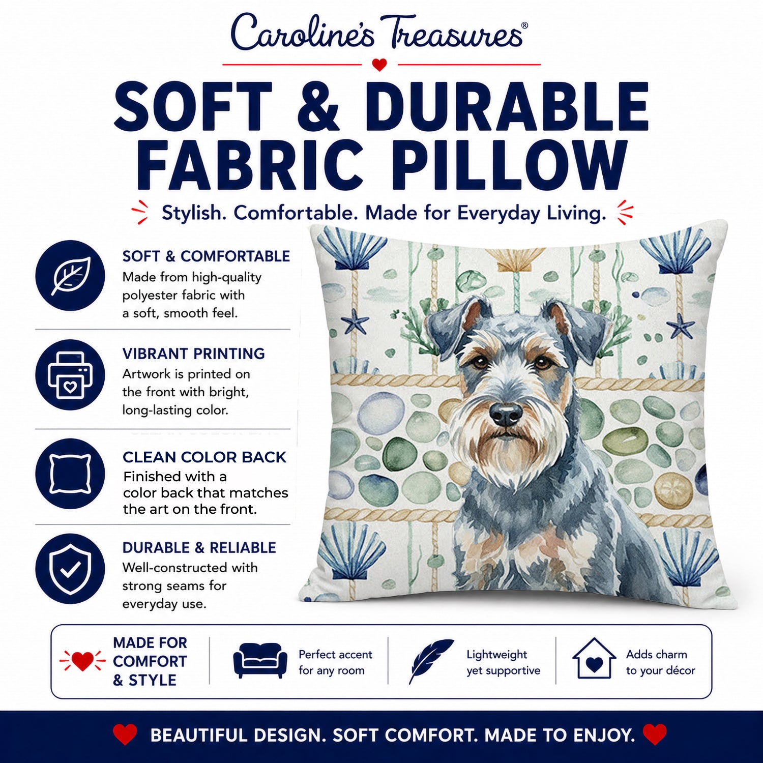 Blue Lakeland Terrier Coastal Sea Glass Decorative Throw Pillow 18x18 Indoor Outdoor Accent Cushion, Fabric Cover with Insert for Sofa, Bed, Porch & Living Room