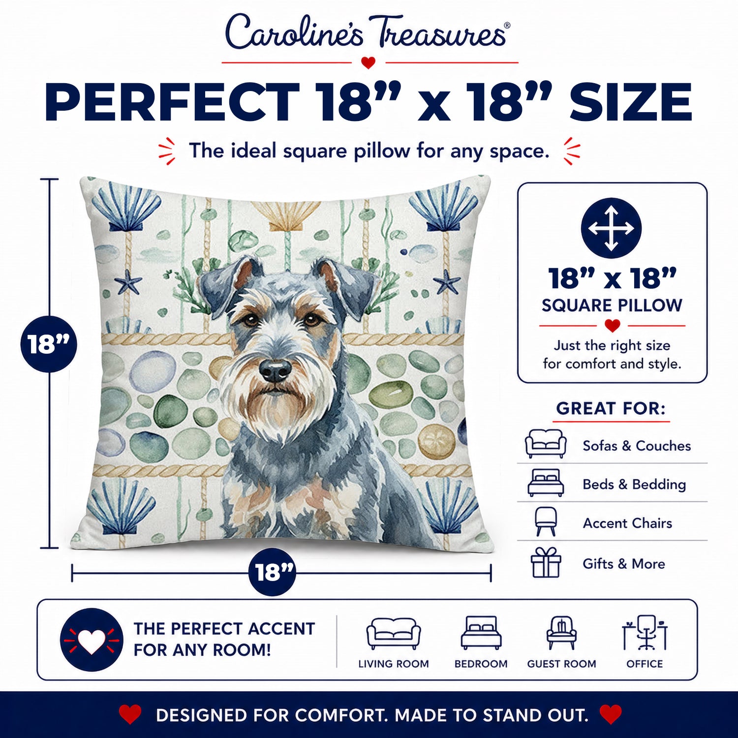 Blue Lakeland Terrier Coastal Sea Glass Decorative Throw Pillow 18x18 Indoor Outdoor Accent Cushion, Fabric Cover with Insert for Sofa, Bed, Porch & Living Room