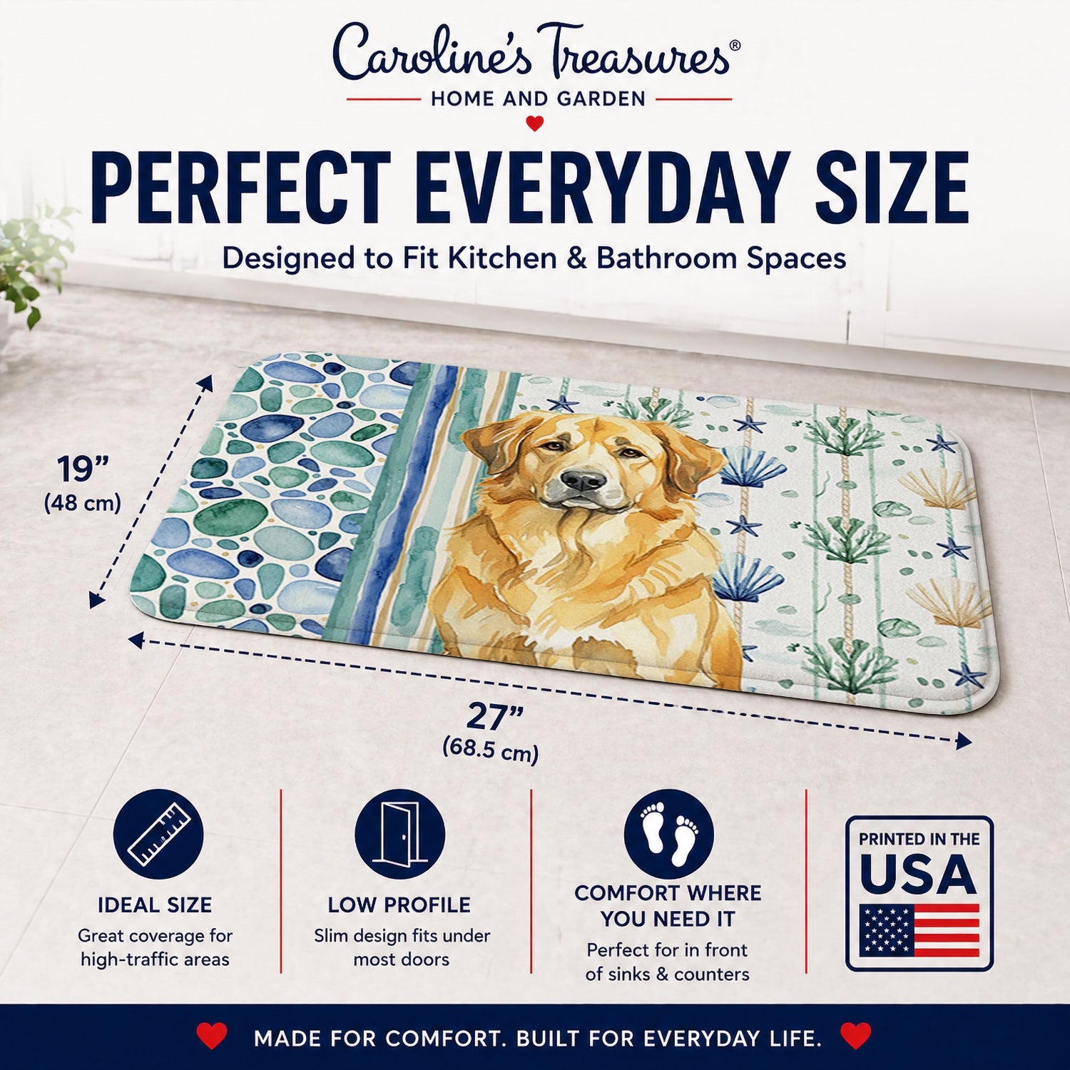 Lion Yellow Leonberger Coastal Sea Glass Memory Foam Kitchen Mat Machine Washable Anti-Fatigue Cushion Comfort Bath or Kitchen Rug