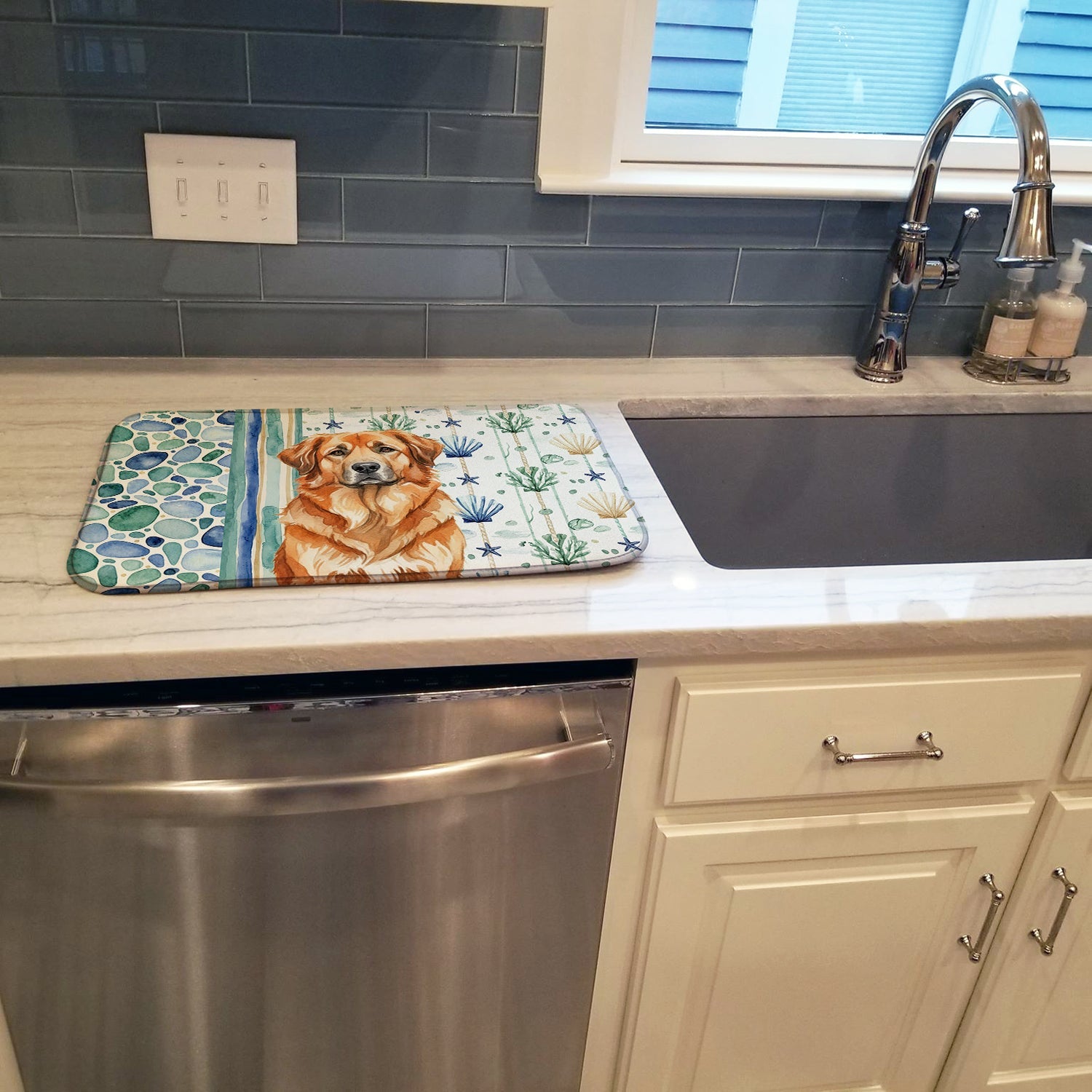 Red Leonberger Coastal Sea Glass Dish Drying Mat Absorbent Dish Drying Mat Pad for Kitchen Counter Dish Drainer Mat for Countertop, 14 x 21", Multicolor