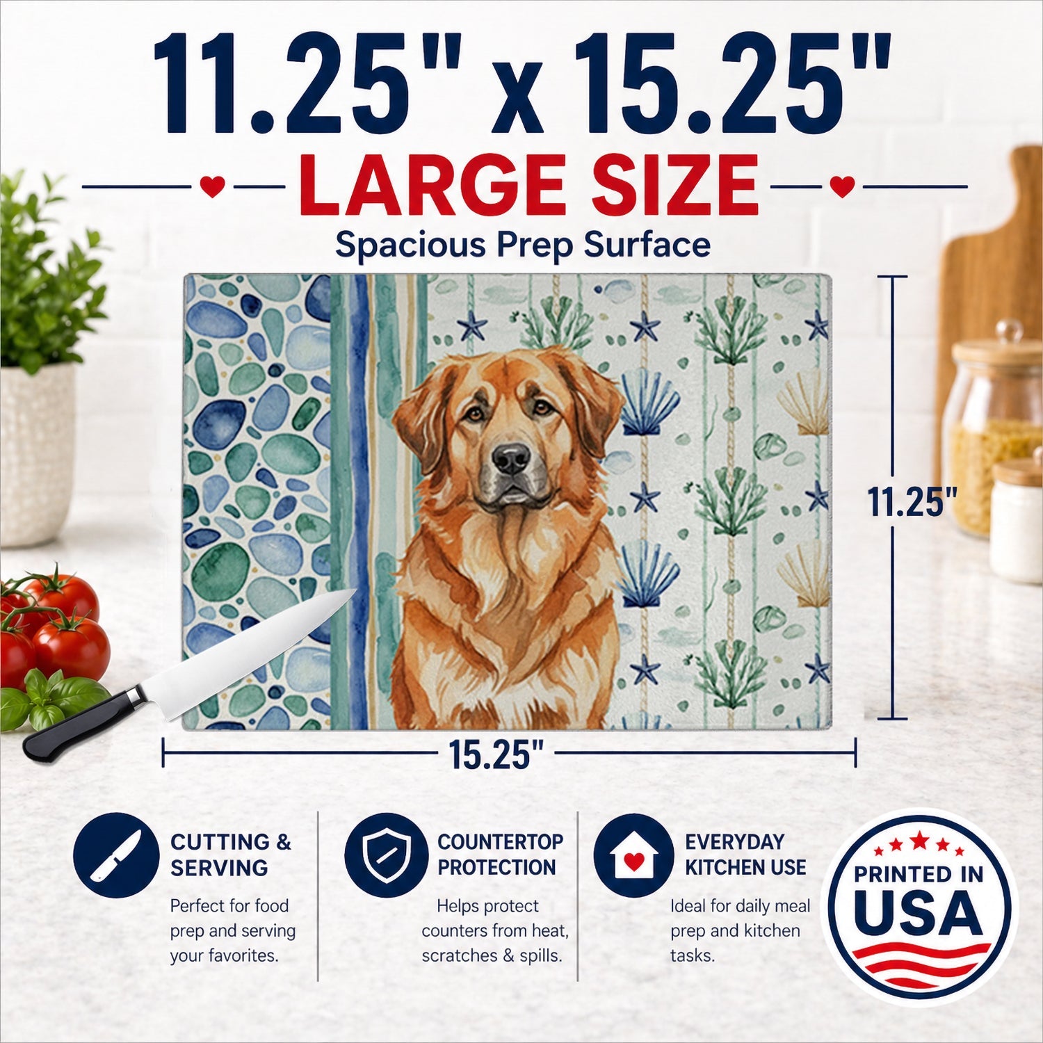 Red Leonberger Coastal Sea Glass Cutting Board Tempered Glass Kitchen Cutting Surface, Heat Resistant Chopping, Non-Slip Feet, Food Prep & Serving