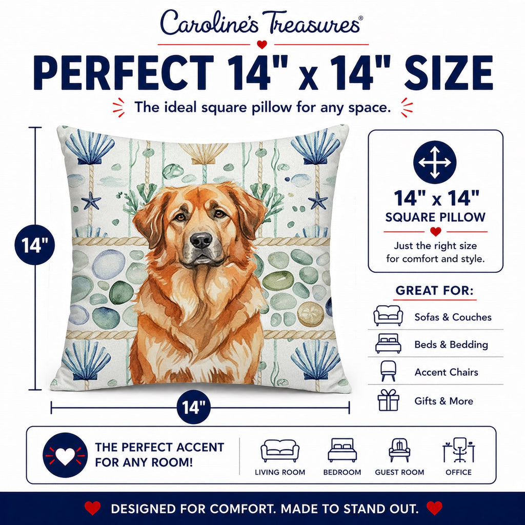 Red Leonberger Coastal Sea Glass Decorative Throw Pillow 14x14 Indoor Outdoor Accent Cushion, Fabric Cover with Insert for Sofa, Bed, Porch & Living Room