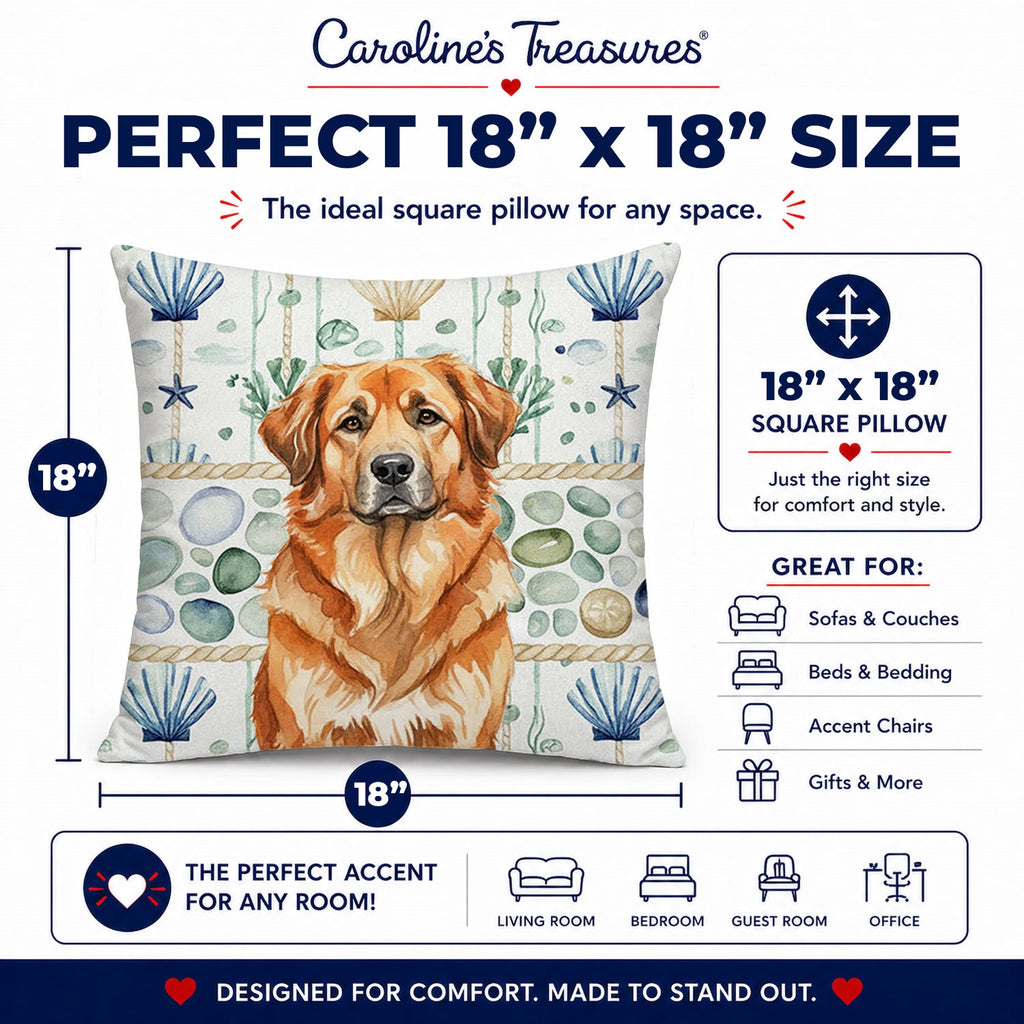 Red Leonberger Coastal Sea Glass Decorative Throw Pillow 18x18 Indoor Outdoor Accent Cushion, Fabric Cover with Insert for Sofa, Bed, Porch & Living Room