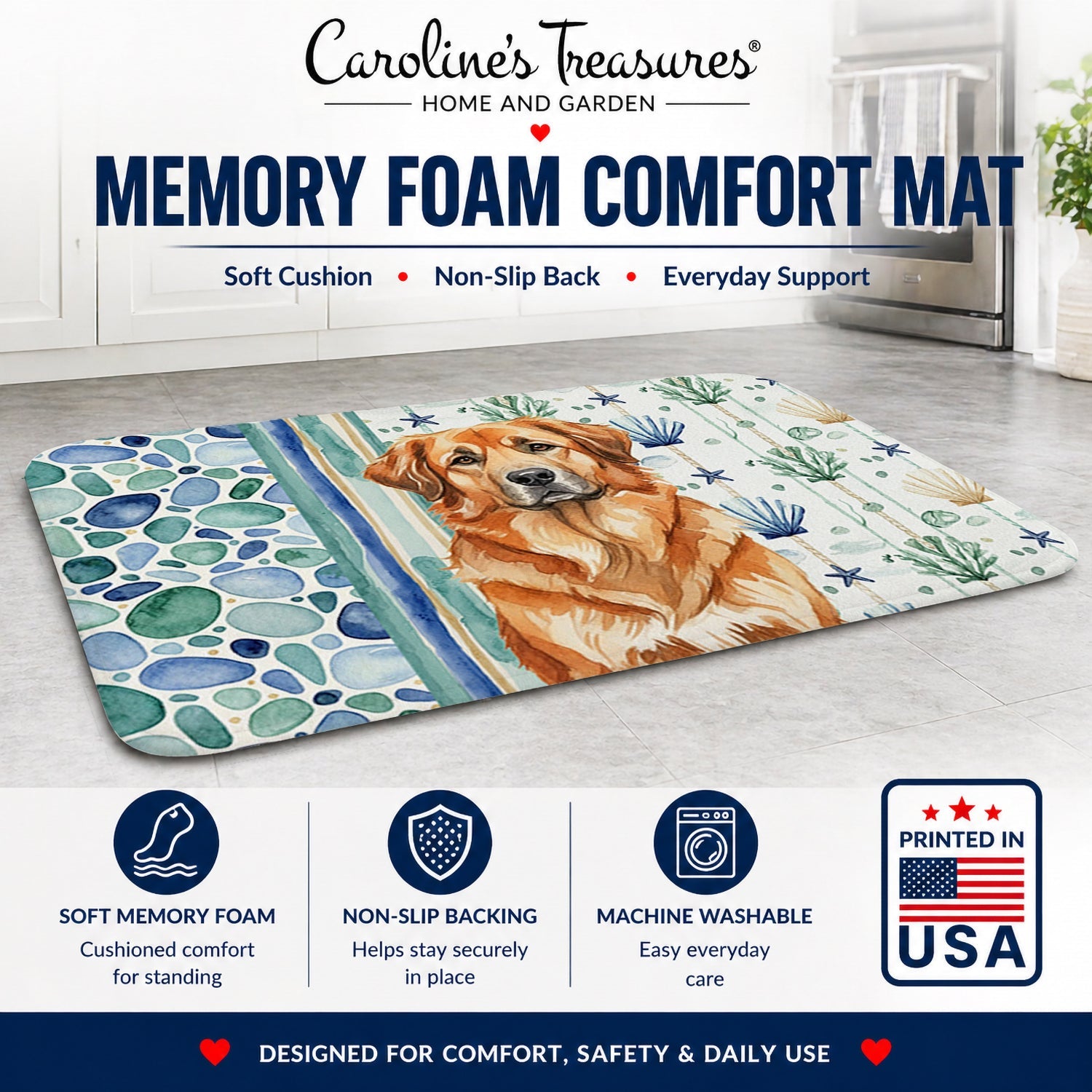Red Leonberger Coastal Sea Glass Memory Foam Kitchen Mat Machine Washable Anti-Fatigue Cushion Comfort Bath or Kitchen Rug