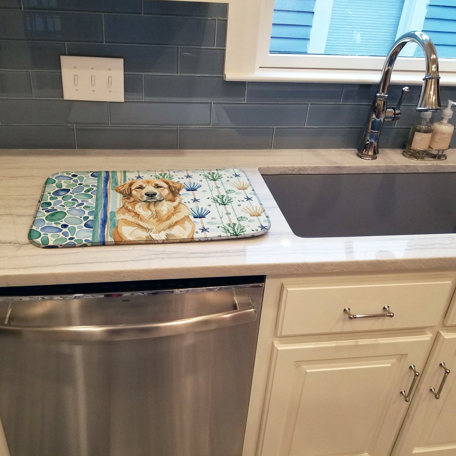 Sandy Leonberger Coastal Sea Glass Dish Drying Mat Absorbent Dish Drying Mat Pad for Kitchen Counter Dish Drainer Mat for Countertop, 14 x 21", Multicolor