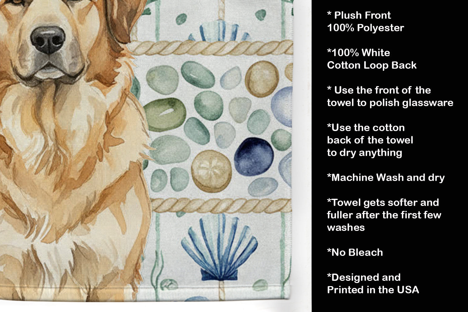 Sandy Leonberger Coastal Sea Glass Kitchen Towel Velour Plush Front and Cotton Loop Back Machine Washable
