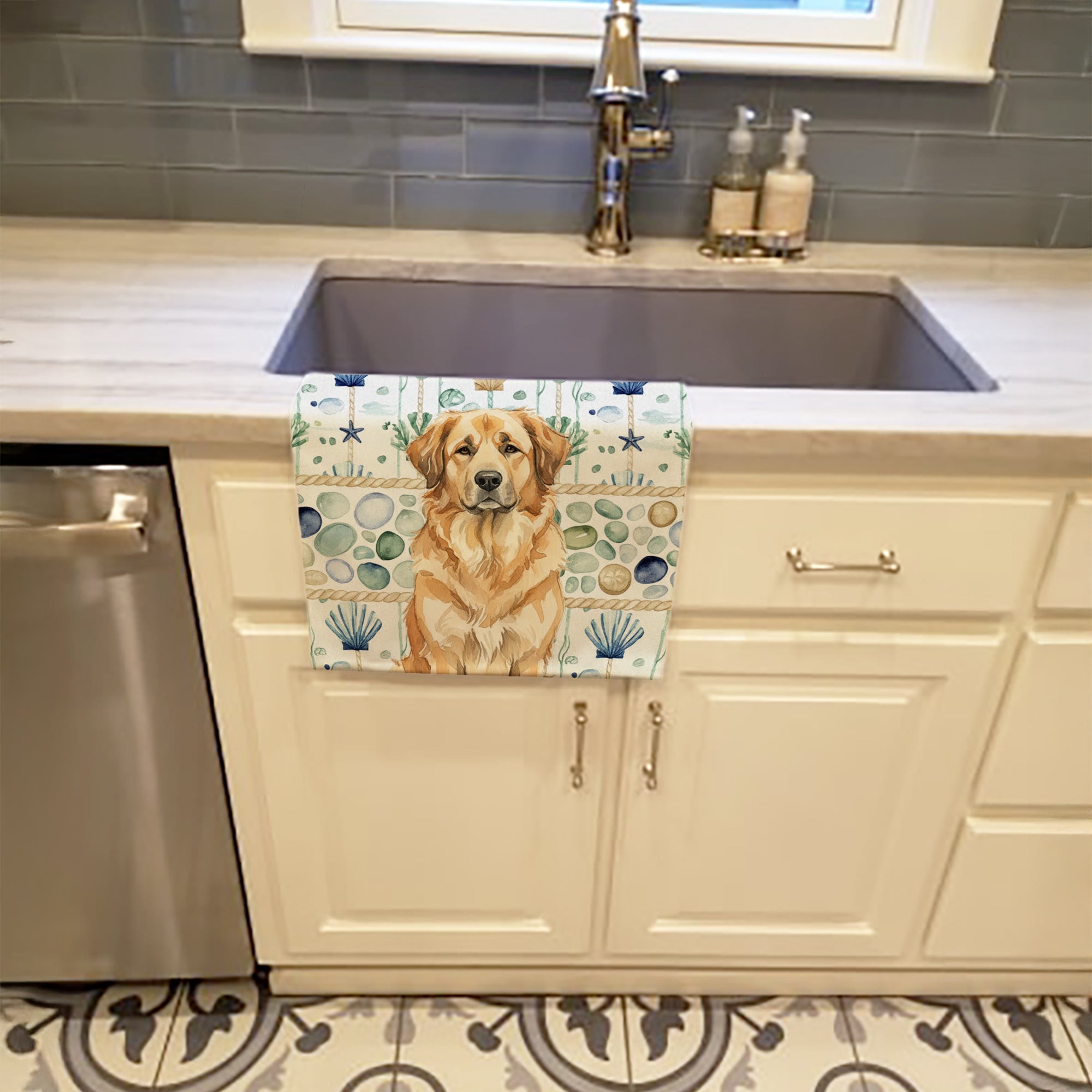 Sandy Leonberger Coastal Sea Glass Kitchen Towel Velour Plush Front and Cotton Loop Back Machine Washable