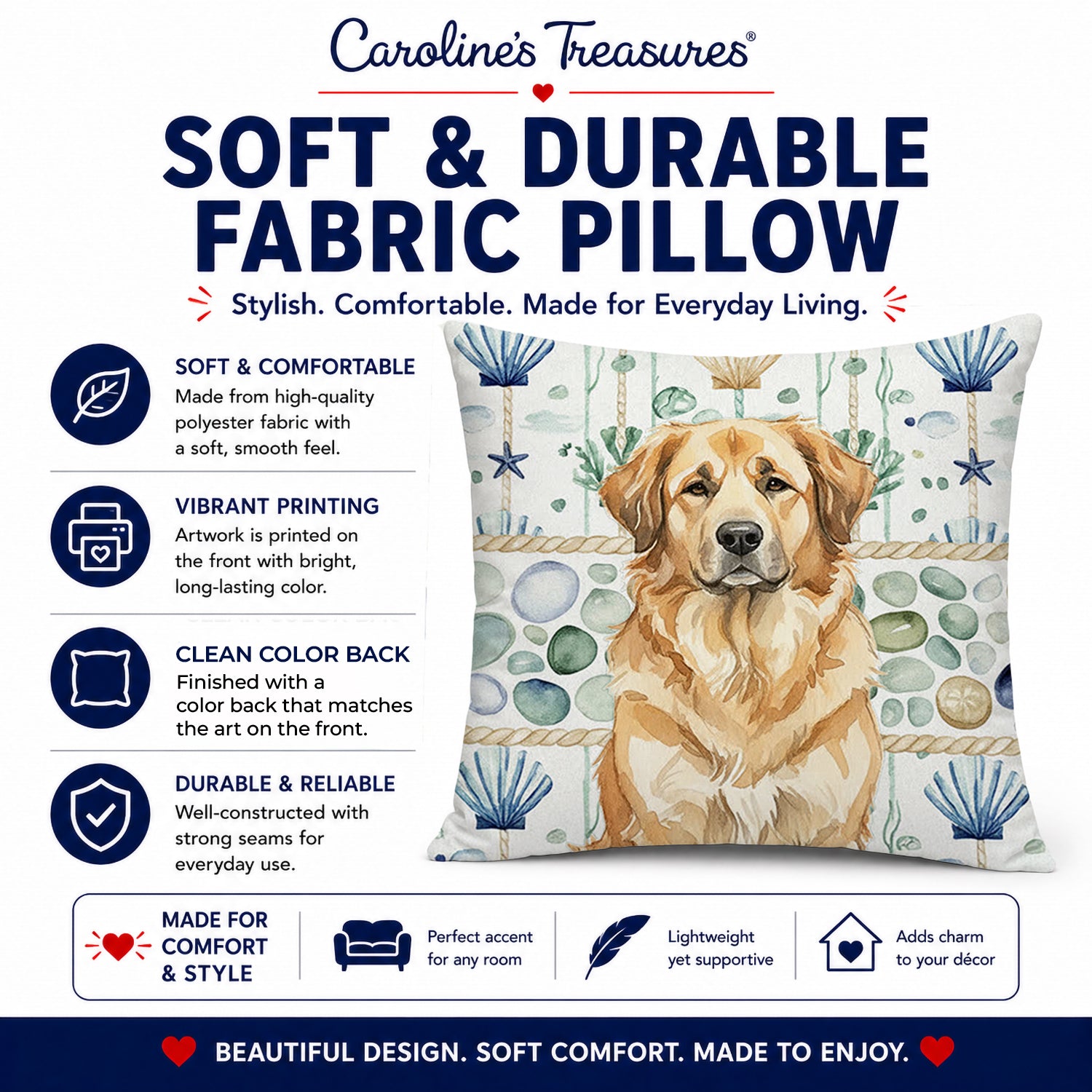 Sandy Leonberger Coastal Sea Glass Decorative Throw Pillow 18x18 Indoor Outdoor Accent Cushion, Fabric Cover with Insert for Sofa, Bed, Porch & Living Room