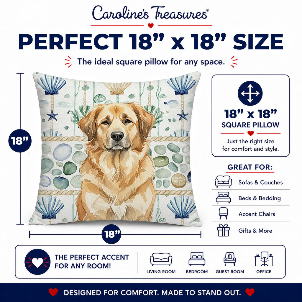 Sandy Leonberger Coastal Sea Glass Decorative Throw Pillow 18x18 Indoor Outdoor Accent Cushion, Fabric Cover with Insert for Sofa, Bed, Porch & Living Room
