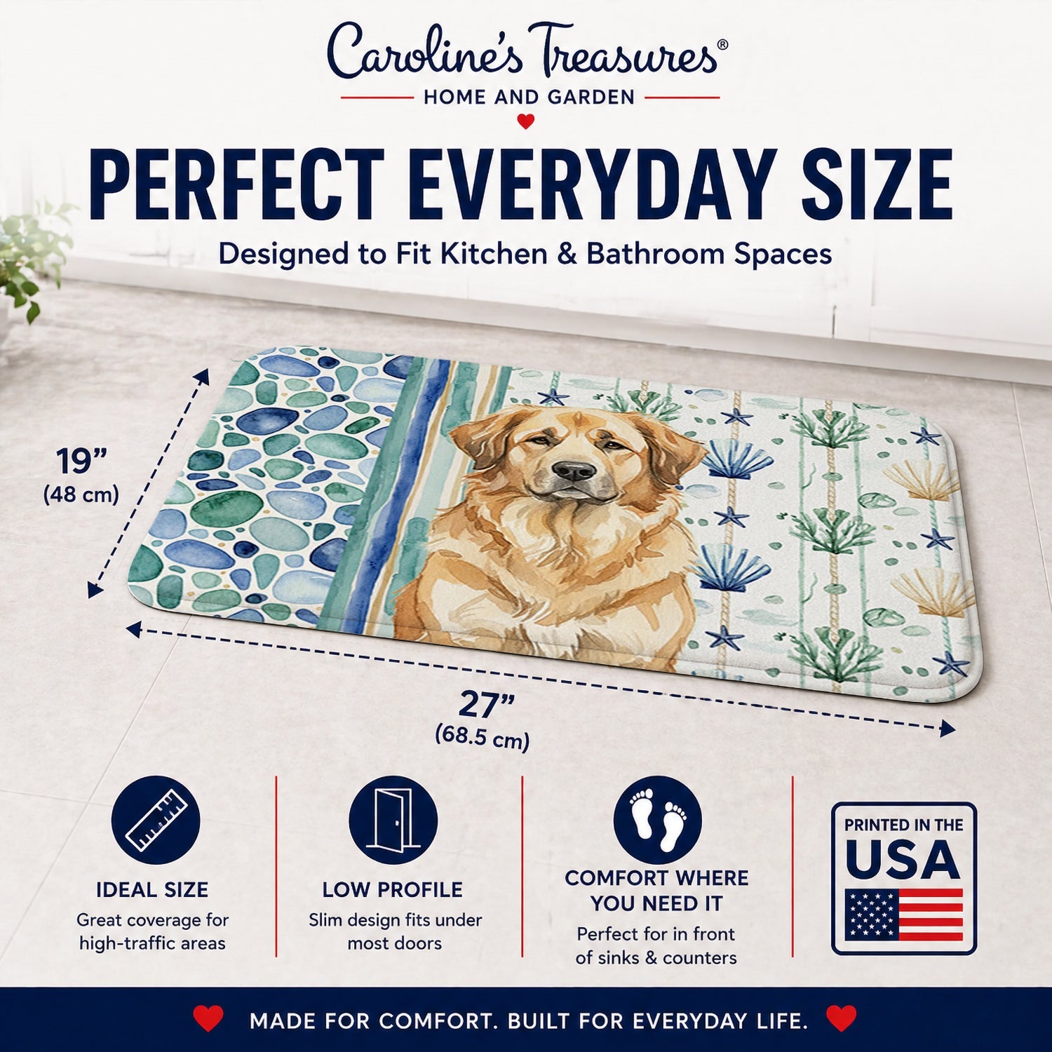 Sandy Leonberger Coastal Sea Glass Memory Foam Kitchen Mat Machine Washable Anti-Fatigue Cushion Comfort Bath or Kitchen Rug