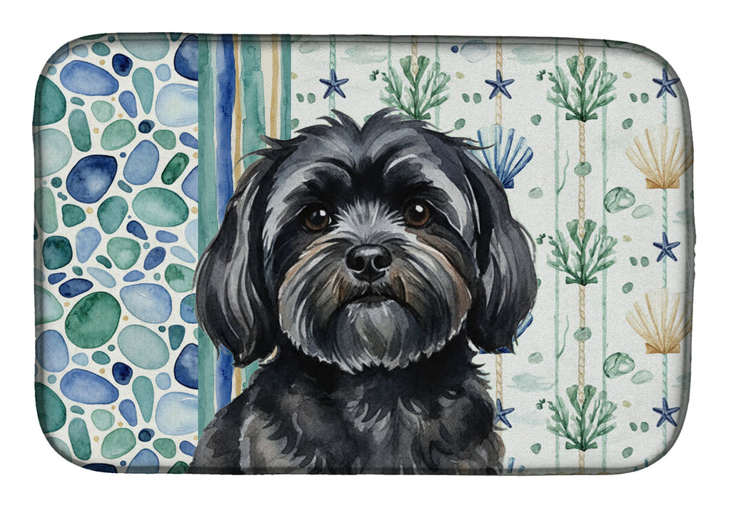 Black Lhasa Apso Coastal Sea Glass Dish Drying Mat Absorbent Dish Drying Mat Pad for Kitchen Counter Dish Drainer Mat for Countertop, 14 x 21", Multicolor