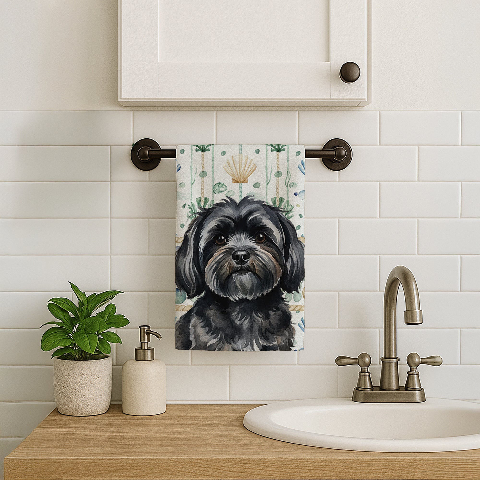 Black Lhasa Apso Coastal Sea Glass Kitchen Towel Velour Plush Front and Cotton Loop Back Machine Washable